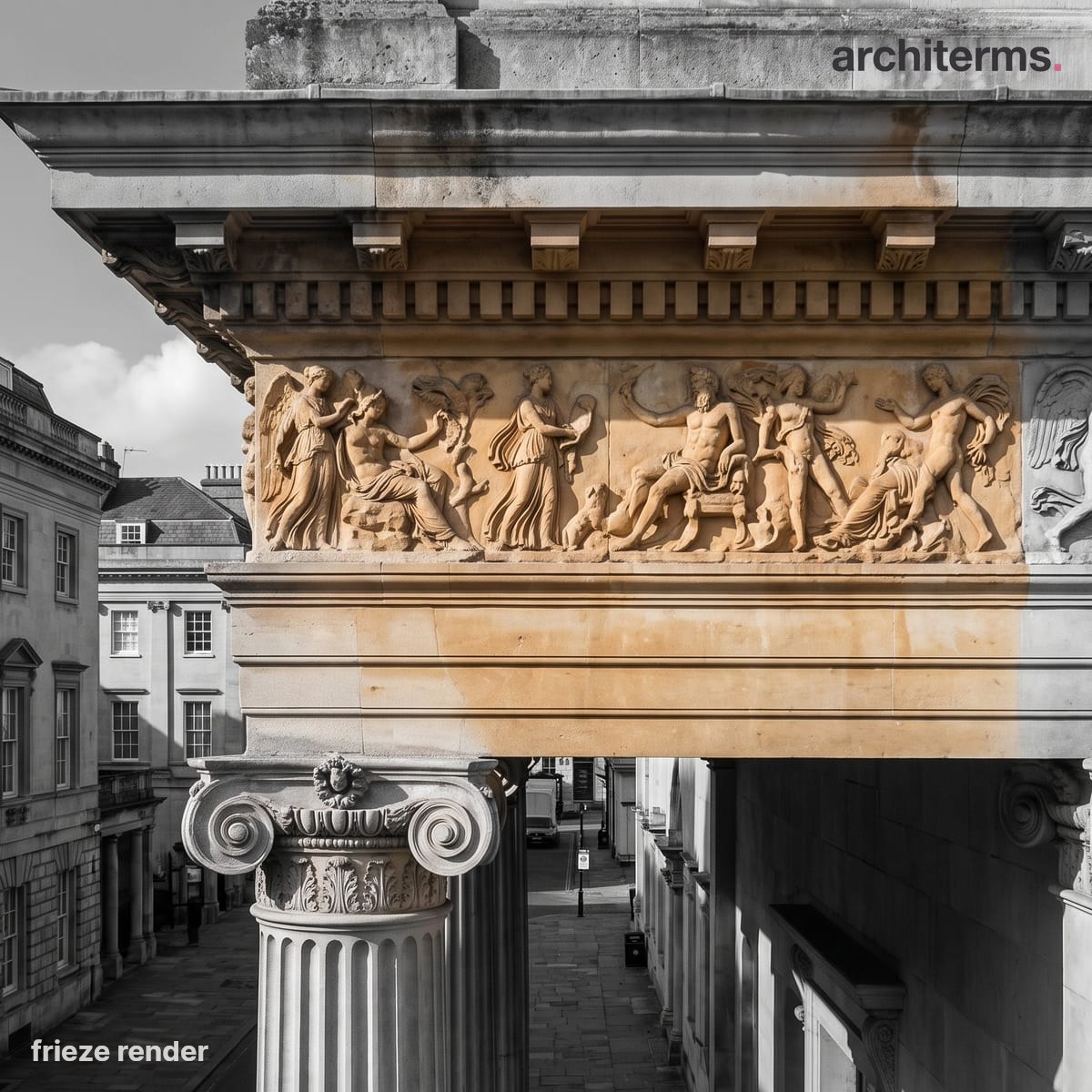 Photorealistic render of a classical entablature with the sculpted frieze picked out in warm stone between the plain architrave below and the projecting cornice above