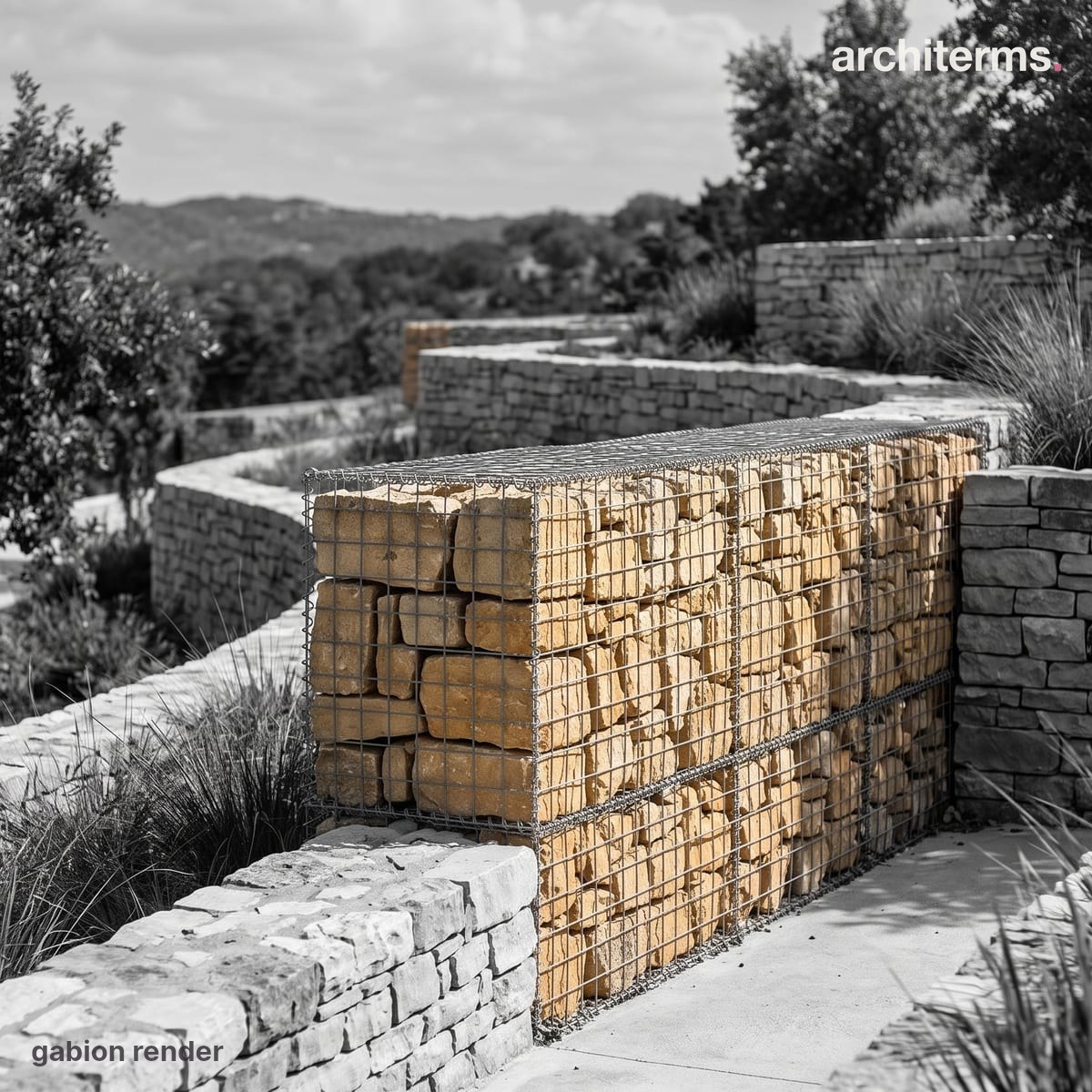Photorealistic render of a wire-mesh gabion basket packed with stacked stone, its warm sandstone fill set between grey drystone walls along a garden path