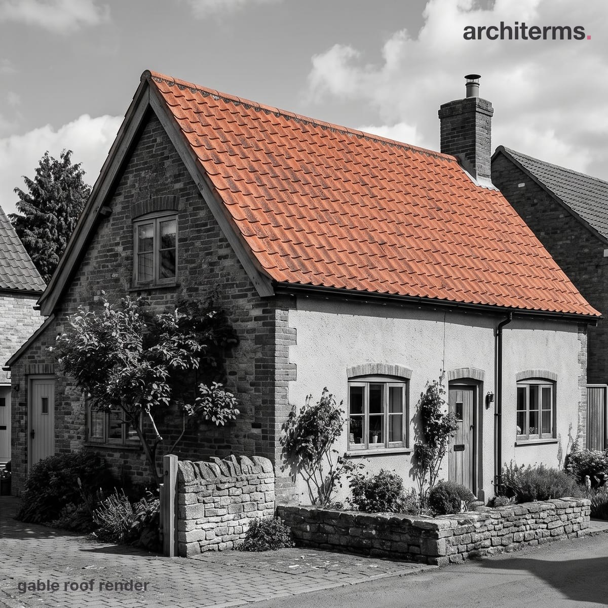 Photorealistic render of a cottage with a gable roof meeting at a central ridge, its terracotta tiled slope in colour above grey brick walls and a triangular gable end