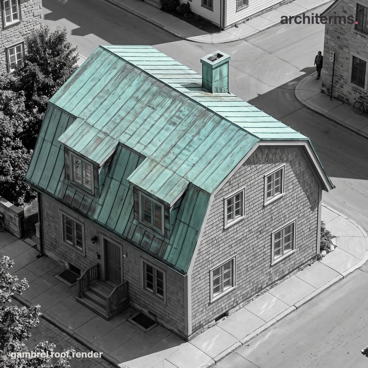 Photorealistic render of a corner house whose double-pitched gambrel roof, clad in weathered green-patinated metal, breaks from a steep lower slope to a shallower ridge