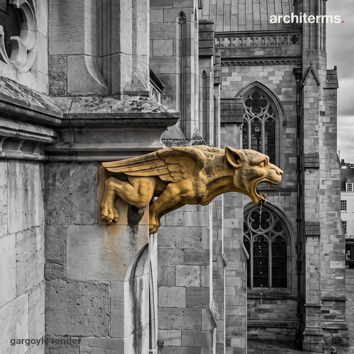 Photorealistic render of a winged beast gargoyle in warm sandstone projecting from a Gothic church wall, water dripping from its open mouth over grey masonry