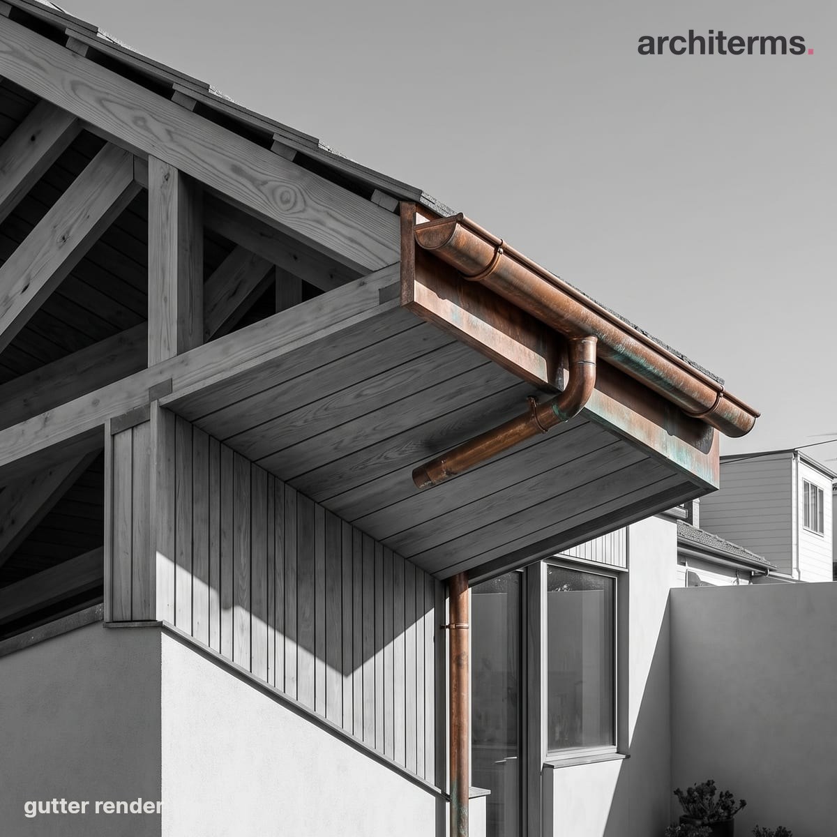 Gutter: Photorealistic render of a copper half-round gutter running along a roof eaves and feeding a copper downpipe, set against a grey timber-clad building