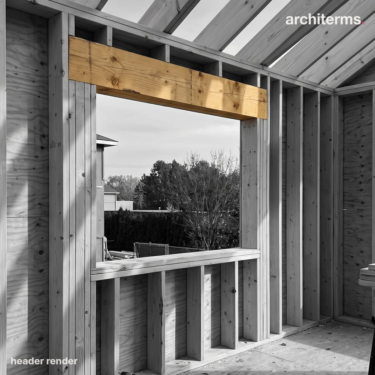 Header: Photorealistic render of a timber-framed wall opening with the horizontal header beam above it picked out in warm pine against the grey framing
