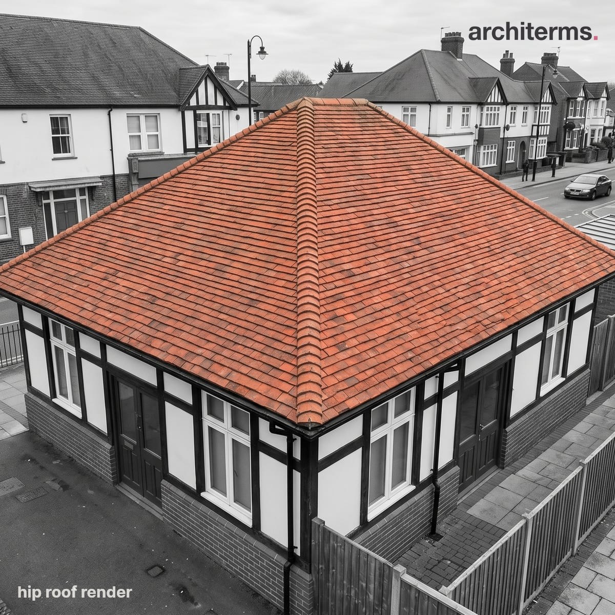 Photorealistic render of a single-storey building topped by a clay-tiled hip roof in warm terracotta, its four slopes rising to a short ridge above a grey streetscape