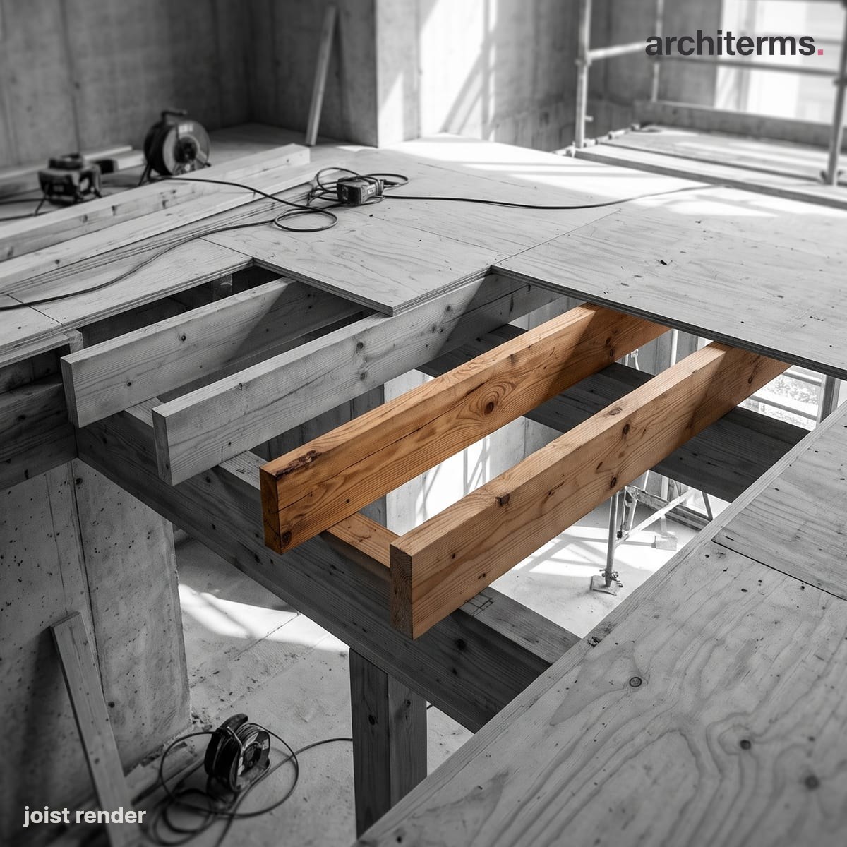 Joist: Photorealistic render of a joist under construction, two parallel joists picked out in warm natural wood spanning an opening between grey subfloor sheets