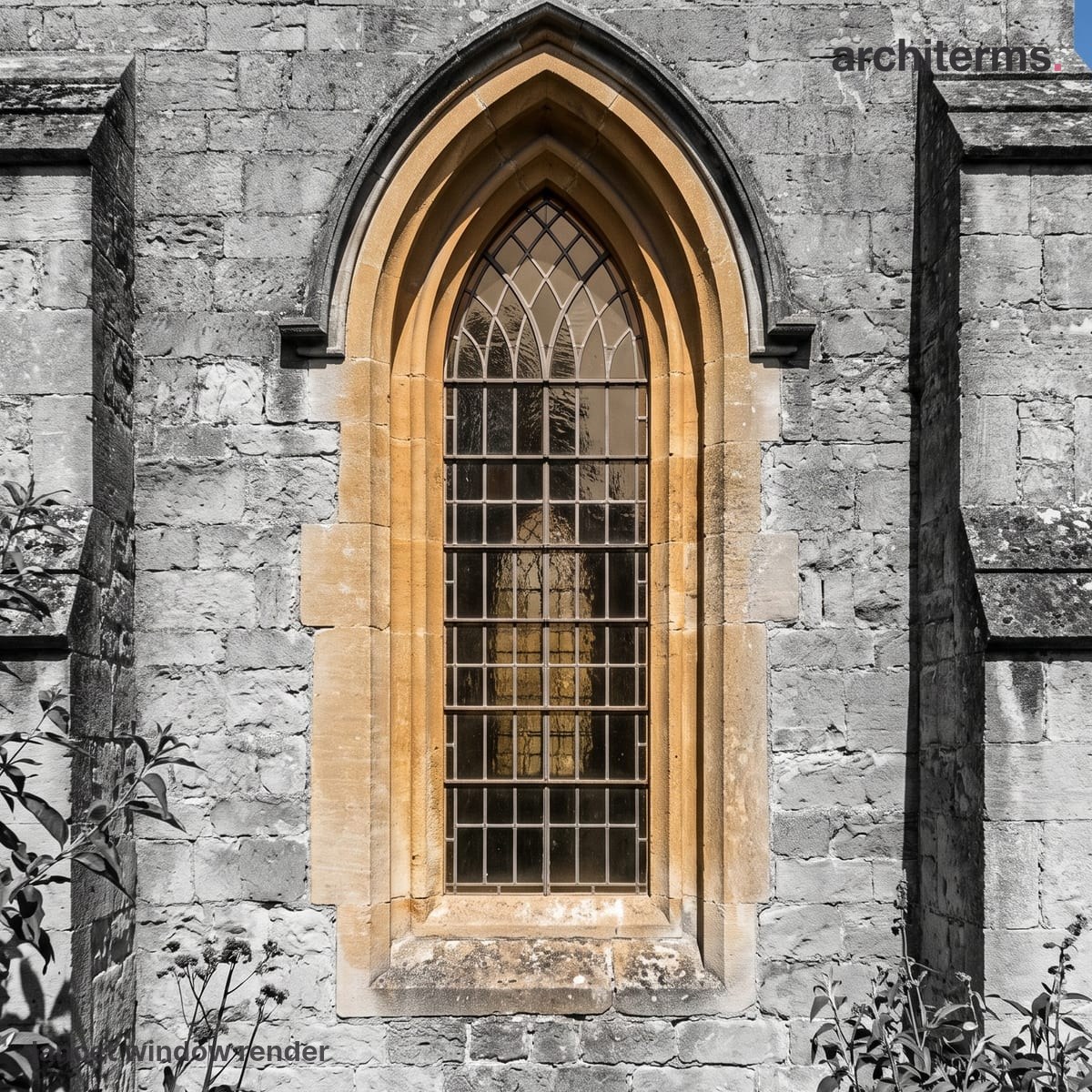 Photorealistic render of a tall, narrow lancet window with a sharply pointed arch, its warm sandstone surround set into a grey stone church wall