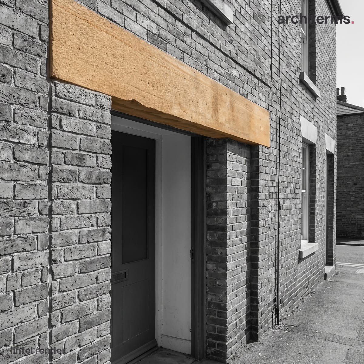 Lintel: Photorealistic render of a doorway in a brick wall spanned by a timber lintel picked out in warm tan against grey masonry