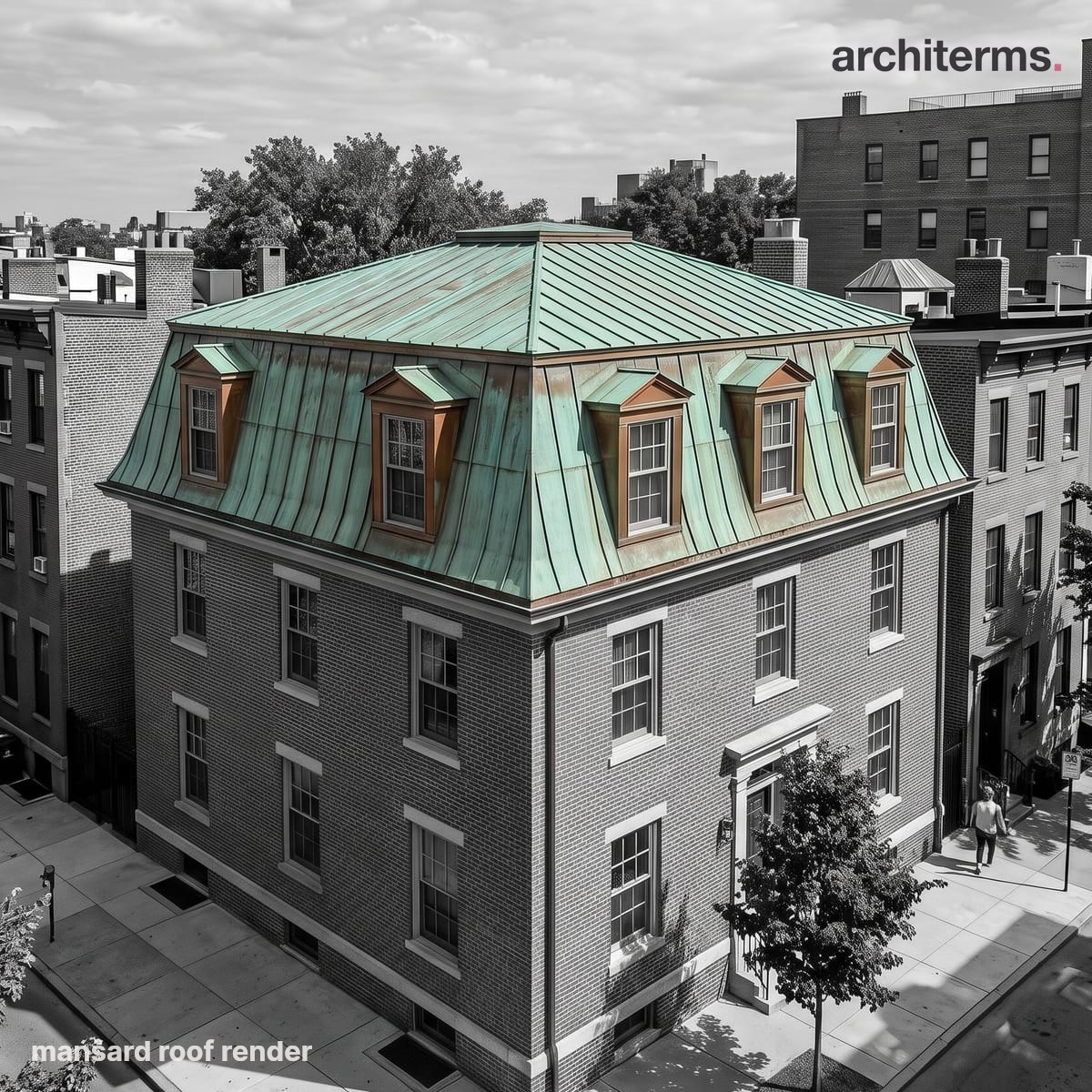 Photorealistic render of a mansard roof on a townhouse, its steep dormer-set lower slope in warm slate against a black-and-white street