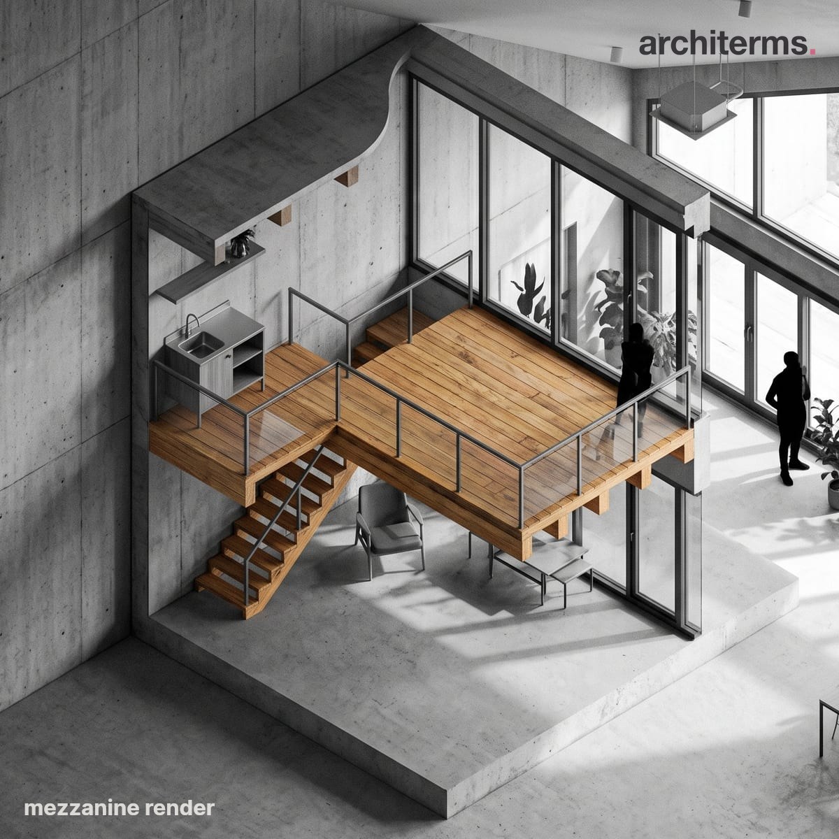 Photorealistic render of a timber mezzanine floor with a stair, reached above a double-height concrete room, the warm wooden platform standing out against grey surroundings
