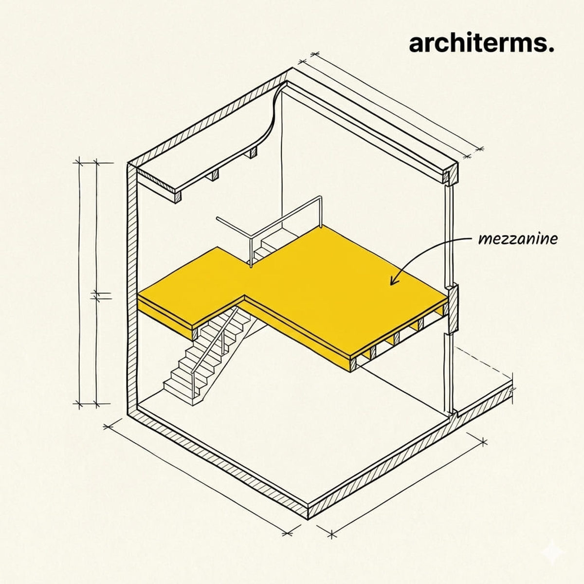Mezzanine — a partial intermediate floor overlooking the main volume below, set between two full storeys