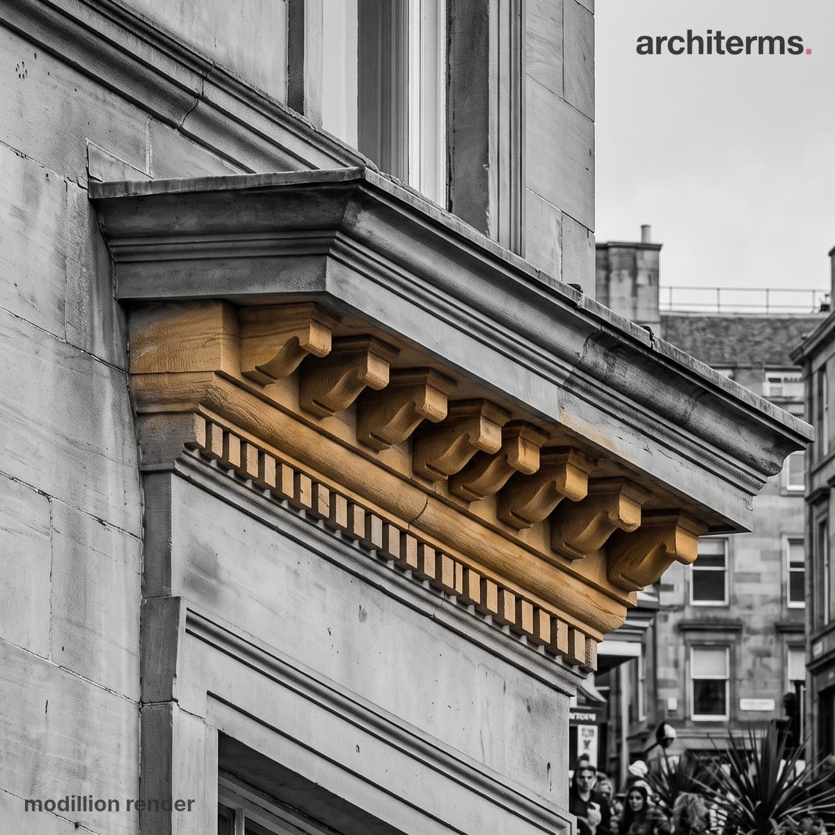 Photorealistic render of a stone modillion with a row of scrolled modillions picked out in warm sandstone above a band of dentils, against a grey classical facade