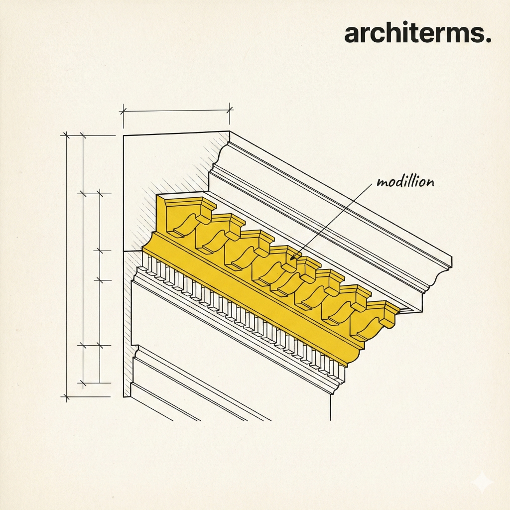 Modillion illustration showing repeated bracket-like blocks beneath a classical cornice, highlighting modillion blocks in architectural entablature detail