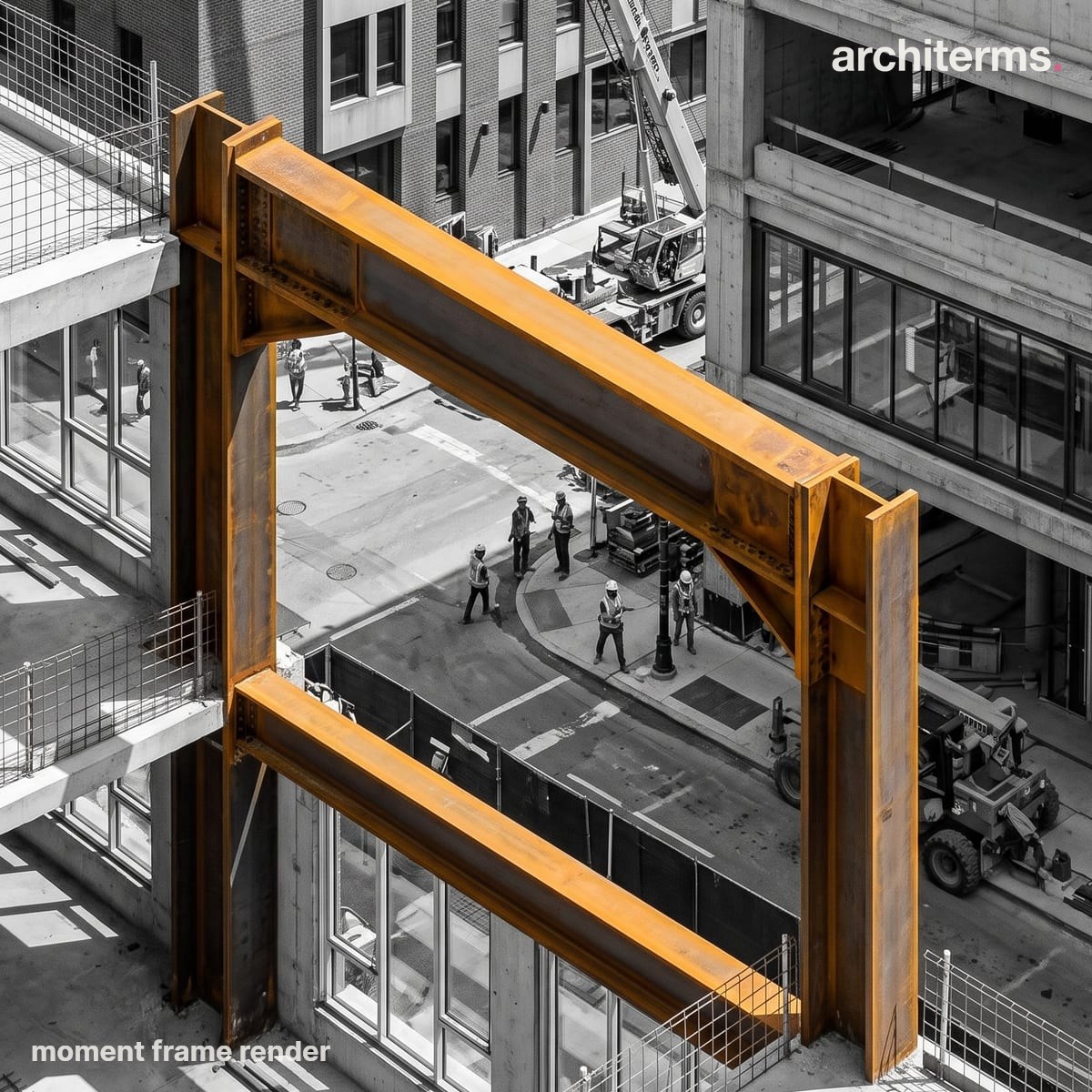 Moment Frame: Photorealistic render of a steel frame on site, two columns and a deep beam in rusted orange joined at rigid corners with triangular haunch stiffeners