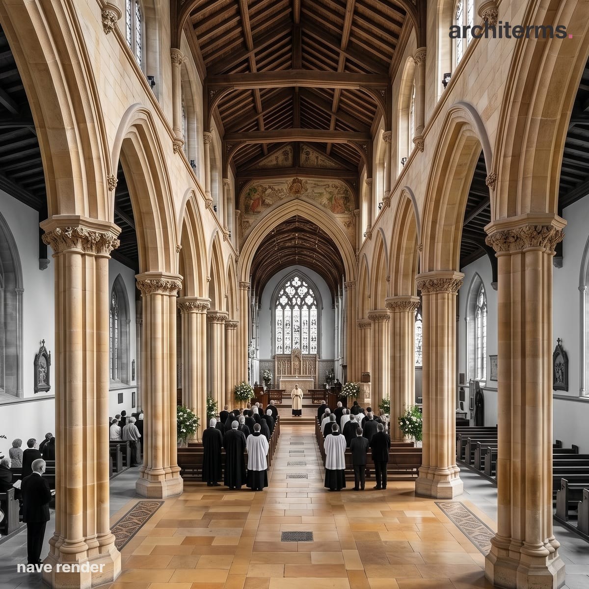 Nave: Photorealistic render of a church interior with the central nave in warm stone, arcades of pointed arches and a tiled floor leading toward the altar, aisles left grey