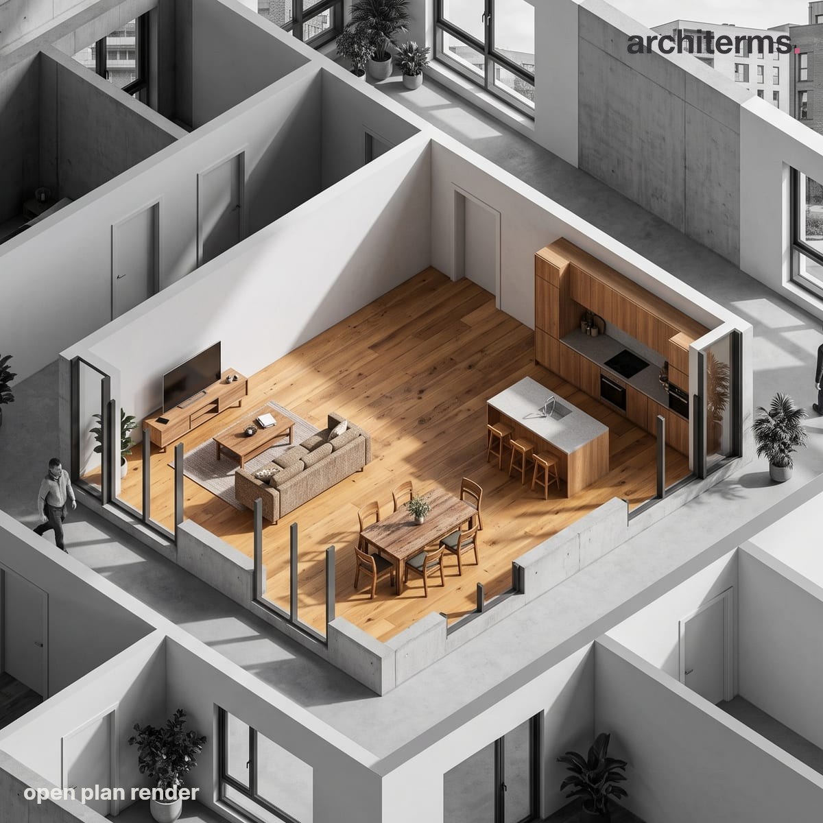 Photorealistic render of an open plan living, dining and kitchen area sharing one timber-floored space, warm wood and furniture in colour against grey walls