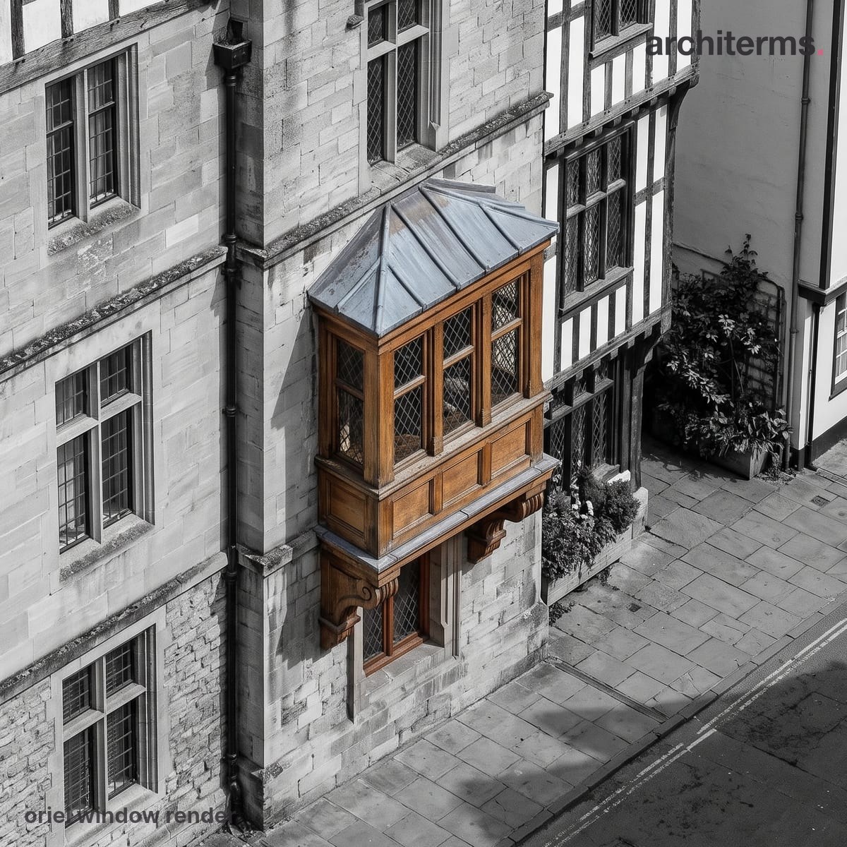 Oriel Window: Photorealistic render of a timber bay projecting from an upper storey of a grey stone facade, carried on corbels with a leaded pane below