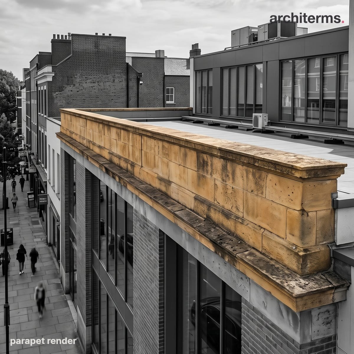Parapet: Photorealistic render of a coursed sandstone parapet running along a flat roof edge above a shopfront, its coping capping the wall in warm tan against a grey street