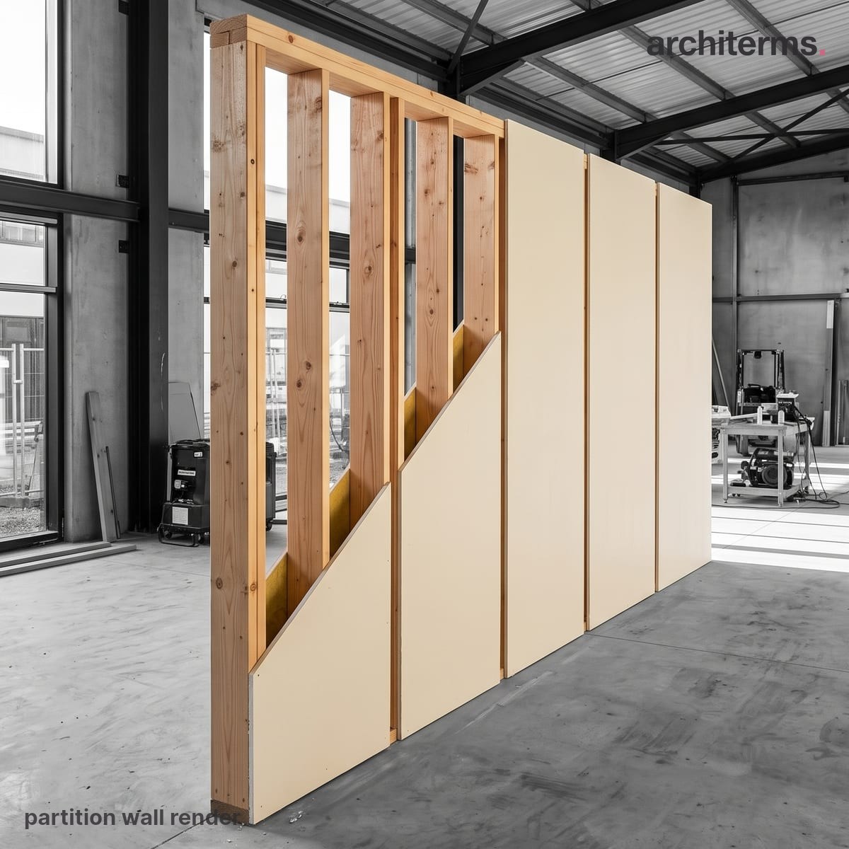 Partition Wall: Photorealistic render of a freestanding timber-framed partition wall in a workshop, warm studs and boards, half open to frame, half faced with plasterboard