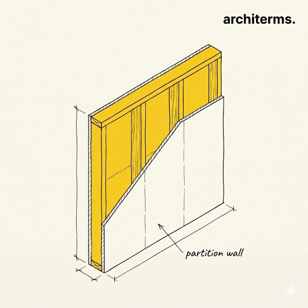 Partition wall — a lightweight non-load-bearing stud wall dividing interior space into separate rooms