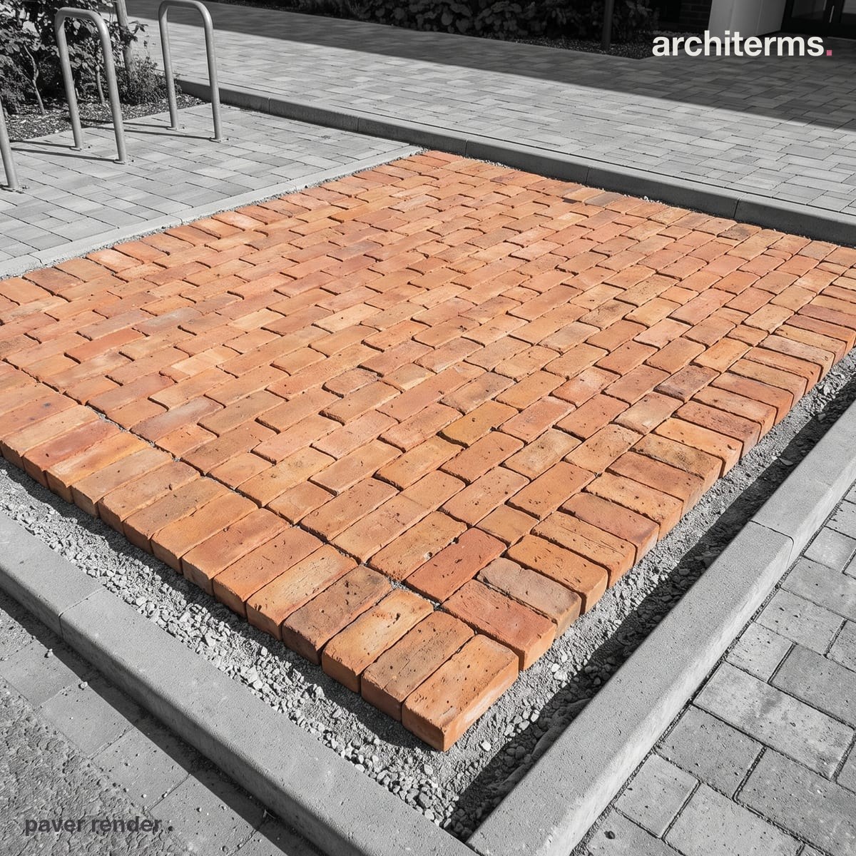 Paver: Photorealistic render of a rectangular patch of clay brick paver laid flat in a running-bond pattern, edged with grey concrete slabs and jointing gravel