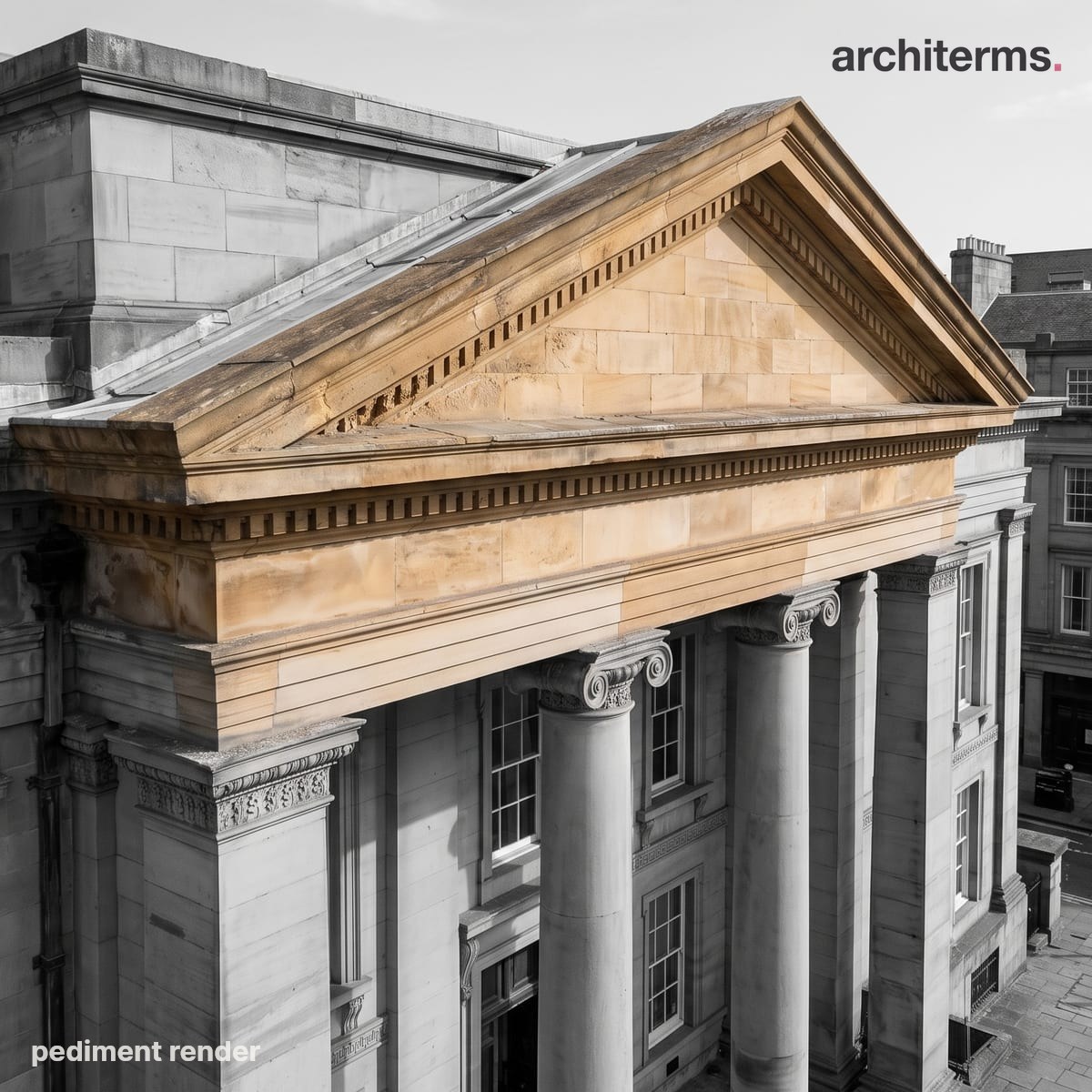 Pediment: Photorealistic render of a triangular sandstone pediment crowning a classical portico, its dentilled raking cornices rising above an Ionic colonnade