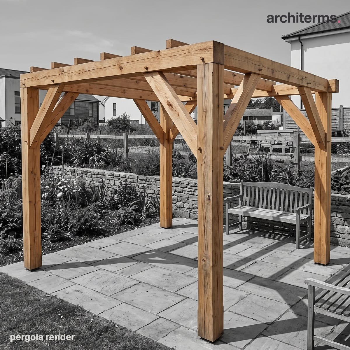 Photorealistic render of a freestanding timber pergola on a paved patio, its posts, beams and open rafter grid glowing warm against a grey garden
