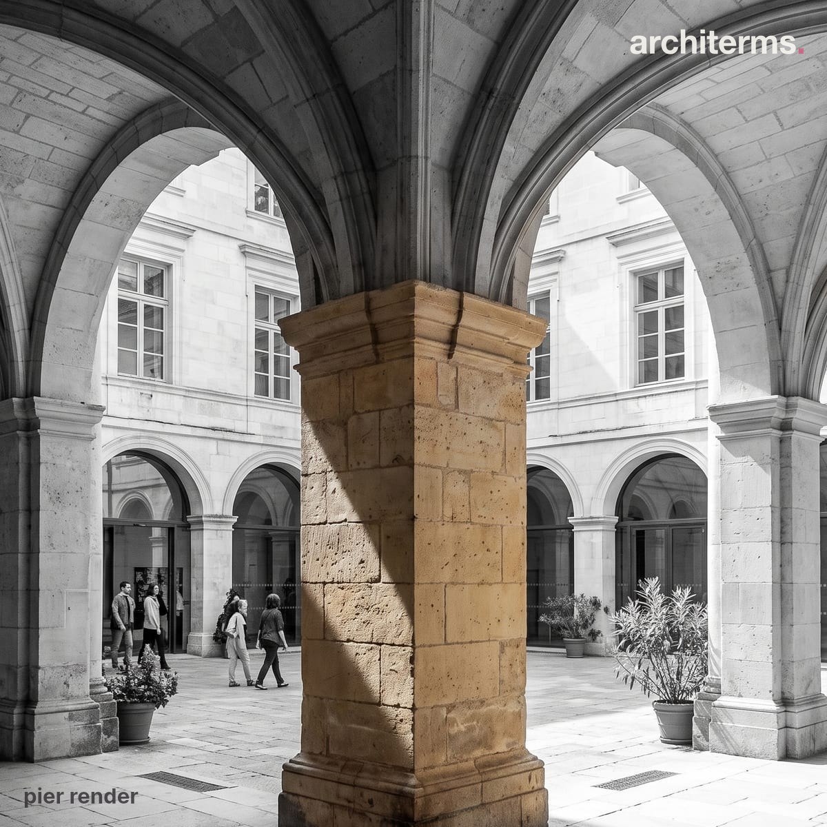 Photorealistic render of a massive square masonry pier in warm sandstone carrying the springing of two grey stone arches in an arcaded courtyard