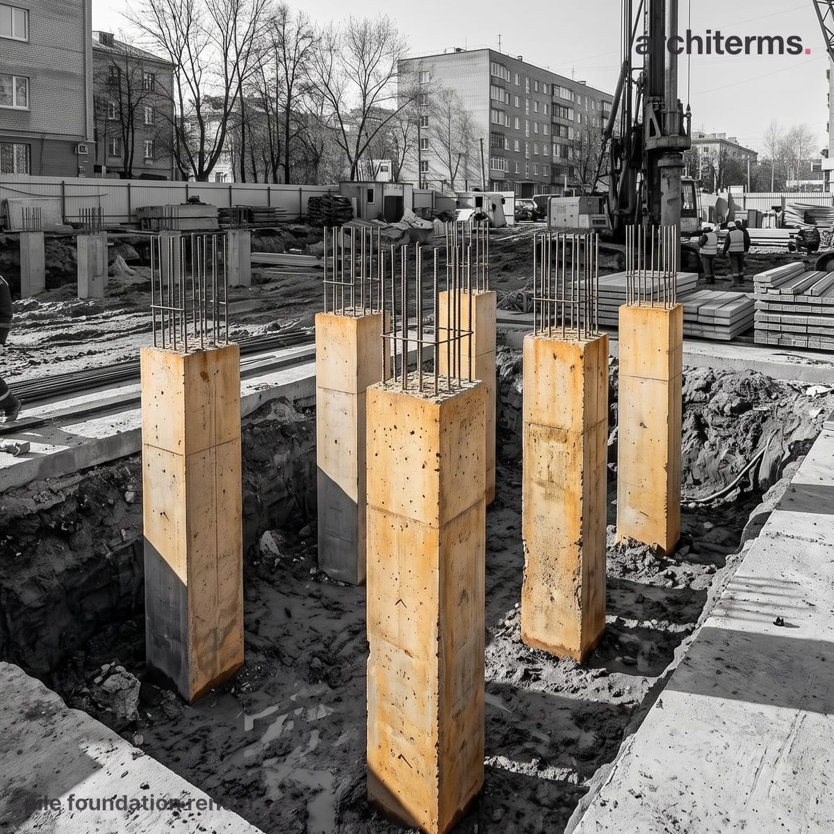 Pile Foundation: Photorealistic render of a construction site excavation, several square concrete piles in warm ochre with reinforcing bars projecting from their tops