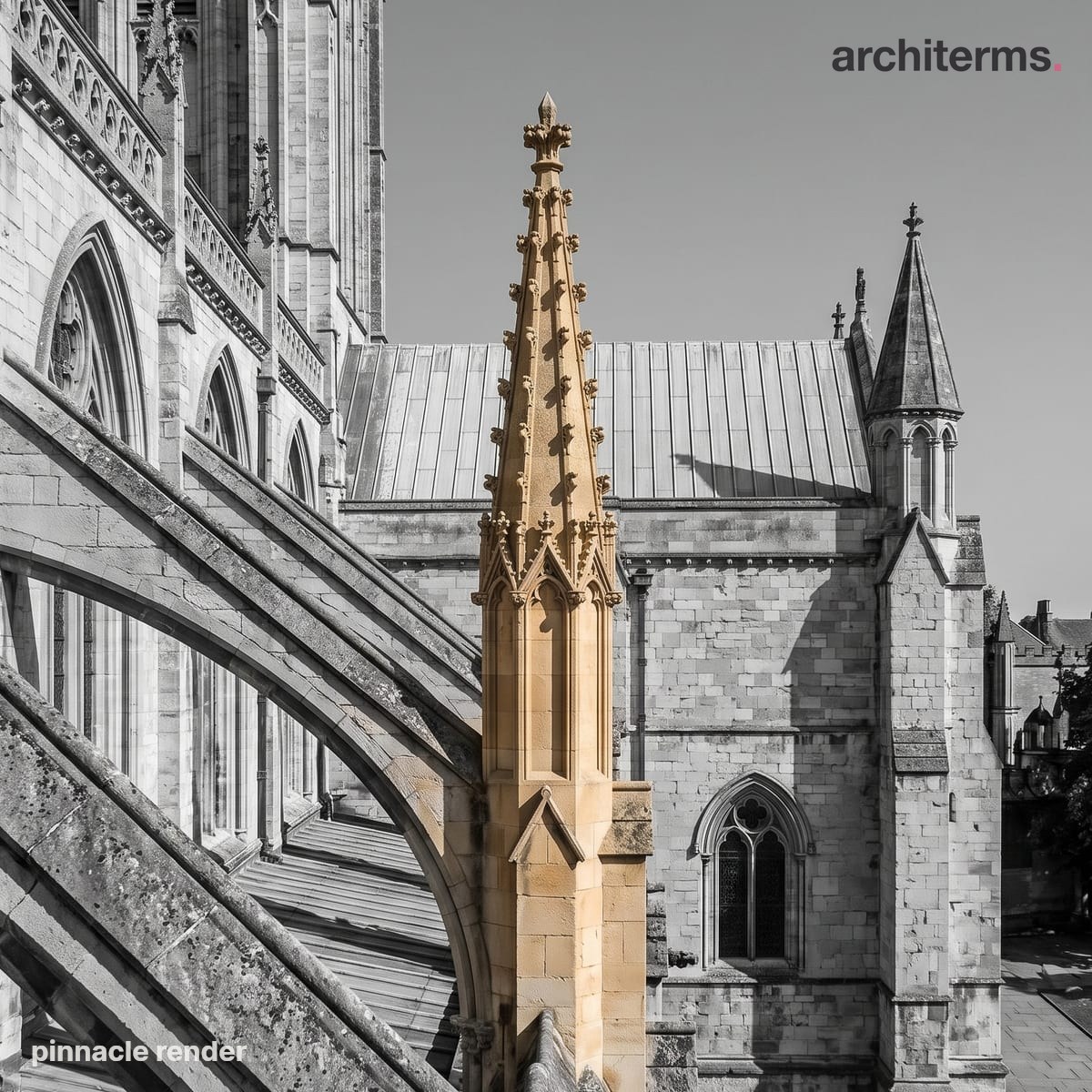 Photorealistic render of a tall crocketed stone pinnacle capping a buttress on a Gothic cathedral, its warm sandstone standing out against grey masonry and roofline