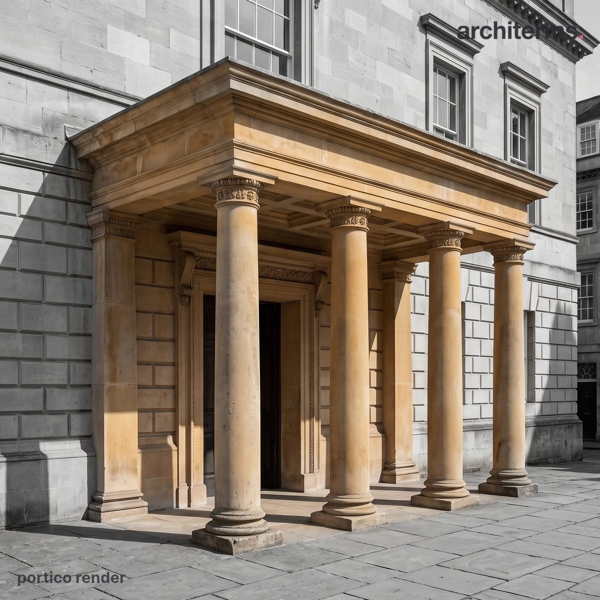 Photorealistic render of a projecting stone portico of columns carrying an entablature over a doorway, warm sandstone against a grey ashlar facade