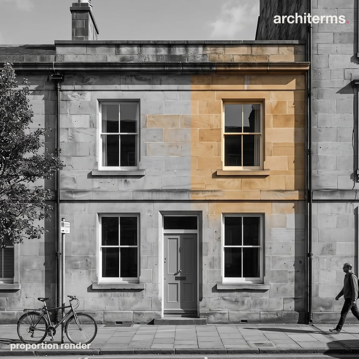 Proportion: Photorealistic render of a stone townhouse facade, one bay of sash window and wall picked out in warm sandstone against the grey stone of the neighbouring bay
