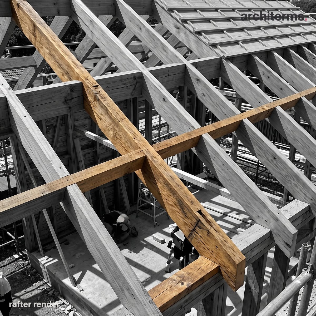 Rafter: Photorealistic render of a rafter roof frame under construction, with two crossing hip rafters picked out in warm timber against the grey stick framing