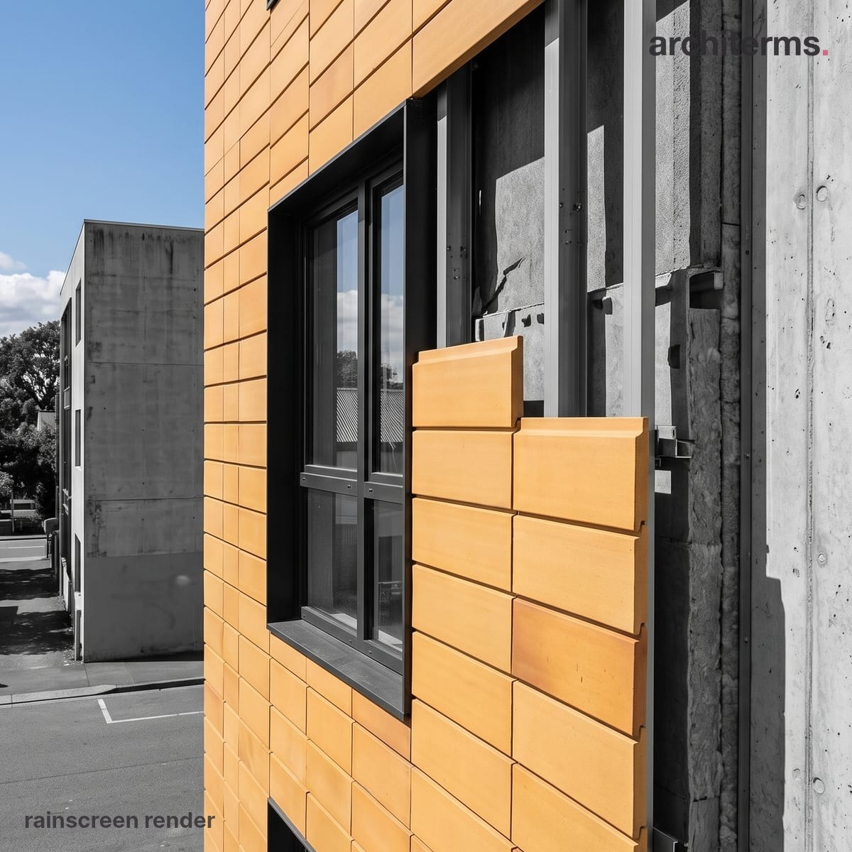 Photorealistic render of amber cladding panels hung on rails clear of a grey concrete wall, the exposed corner revealing the rainscreen's ventilated air gap behind