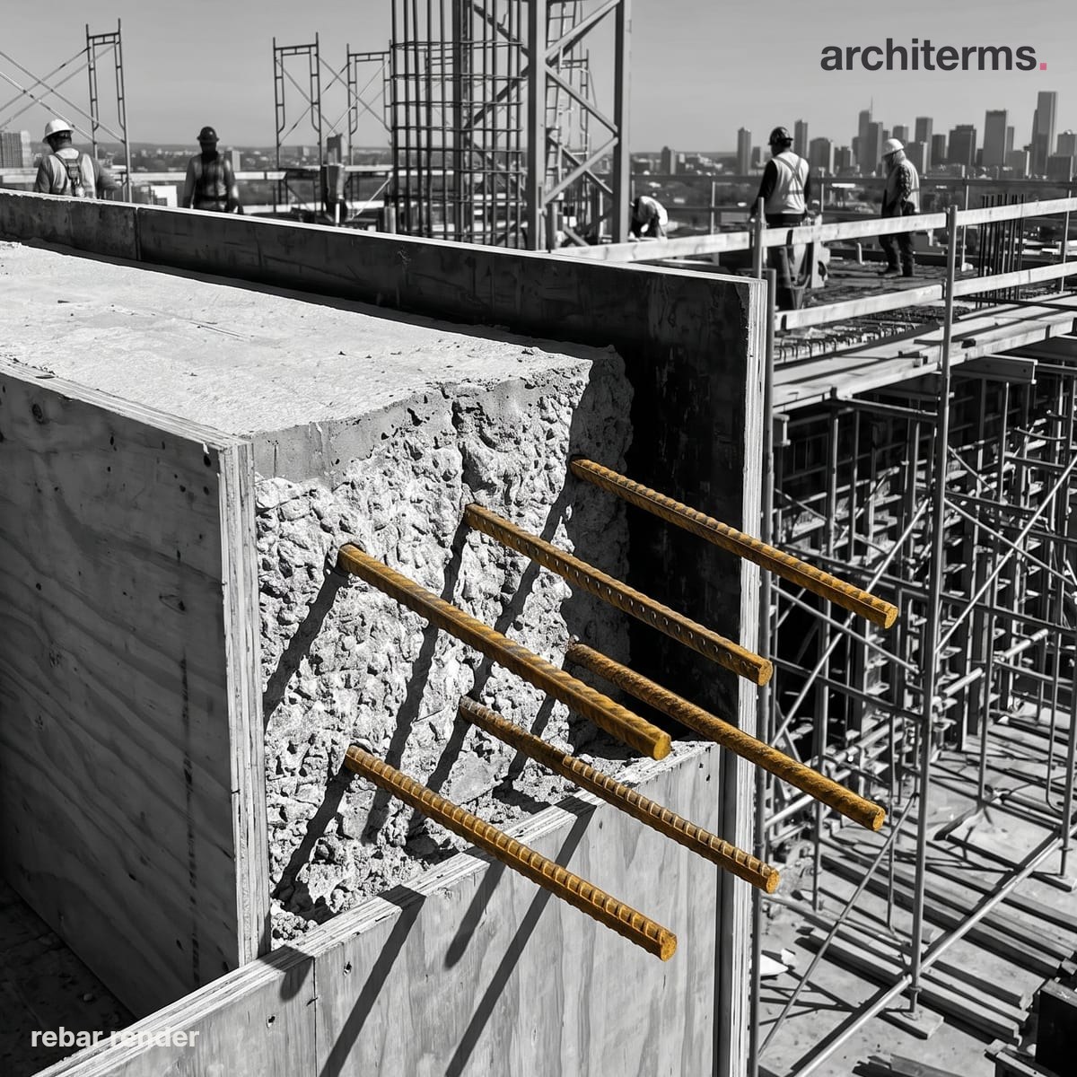 Photorealistic render of orange ridged steel rebar projecting from a broken concrete wall end on a construction site, its bars exposed against grey formwork