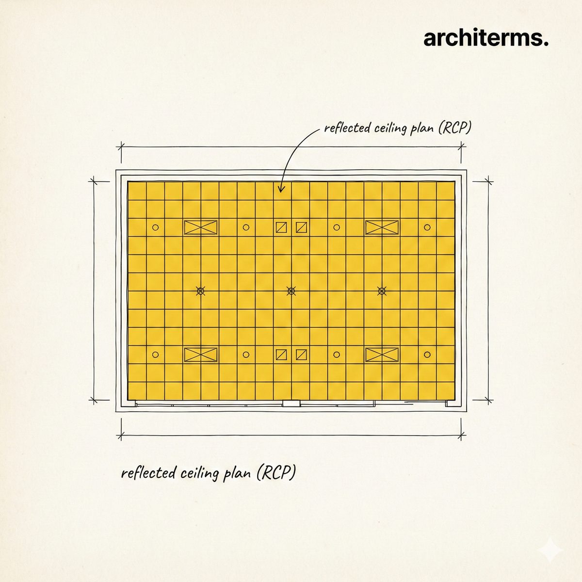 Reflected ceiling plan (RCP) illustration showing a ceiling grid, light fittings, and vents drawn mirrored so it aligns with the floor plan below