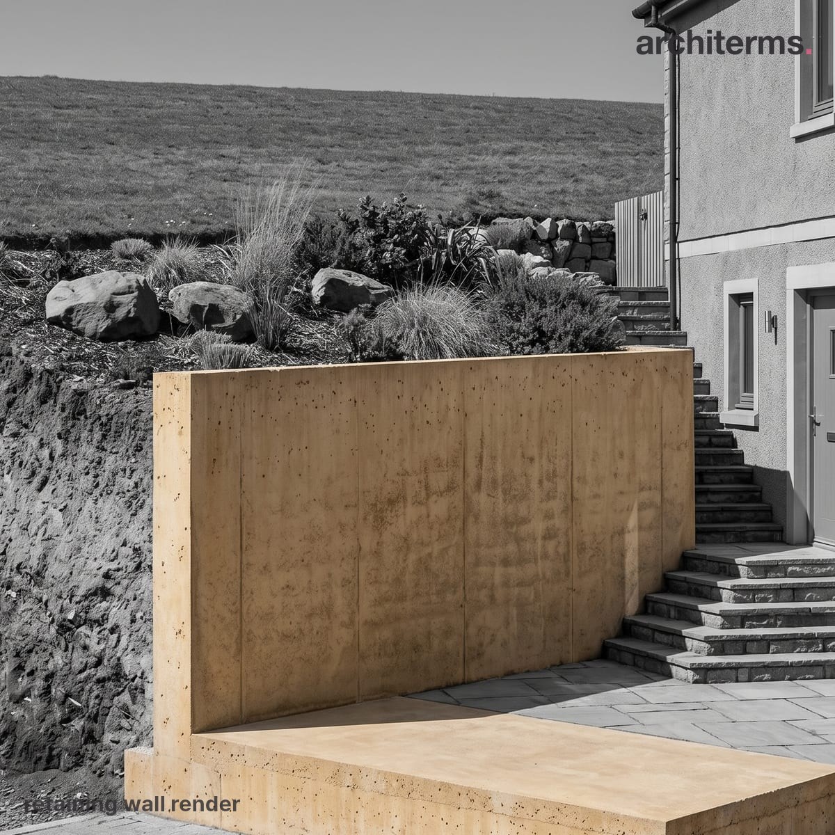 Retaining Wall: Photorealistic render of a low concrete wall in warm colour holding back a raised, planted bank beside a flight of steps, the surrounding terrace and house in grey
