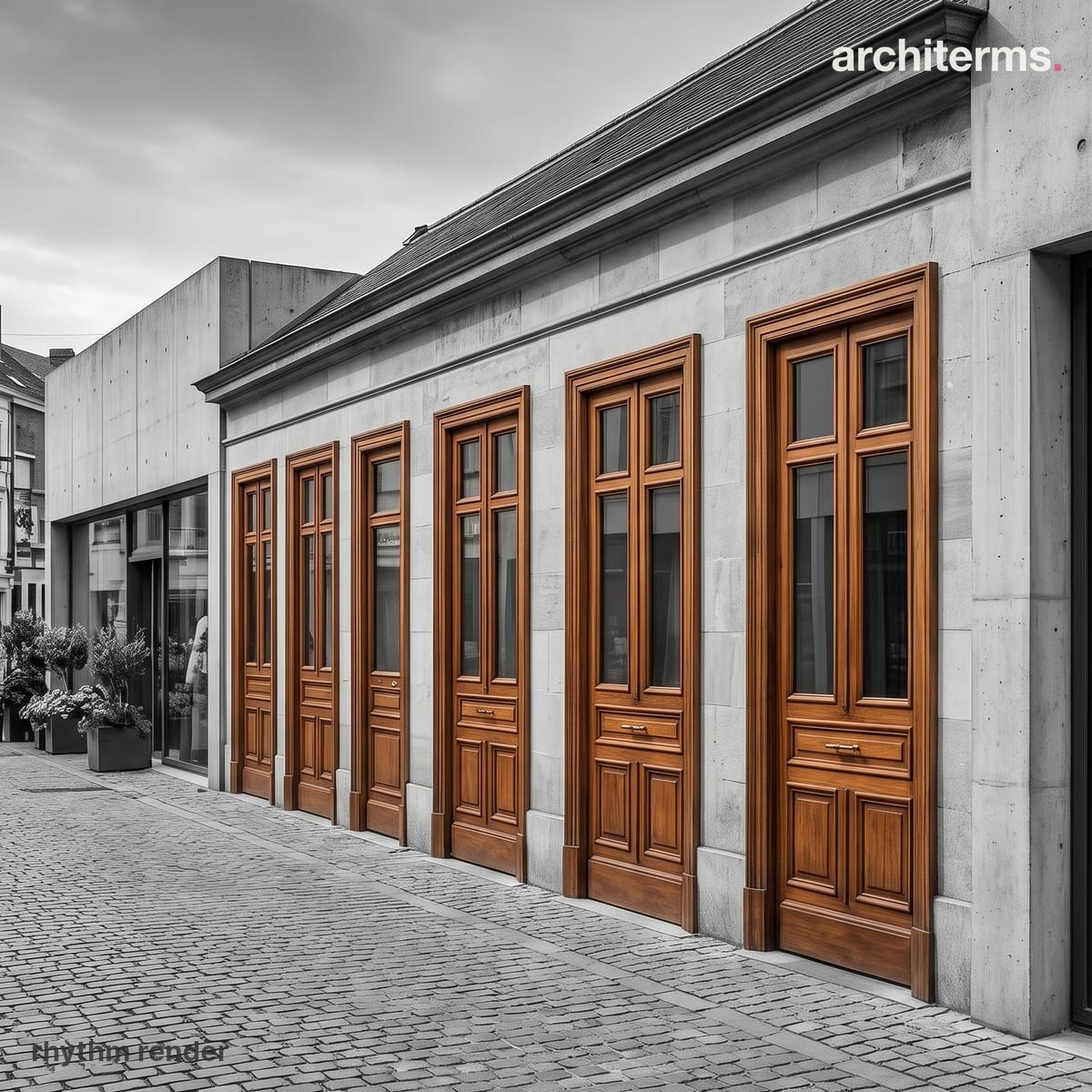Photorealistic render of a row of tall timber doors set at regular intervals along a grey stone facade, their warm wood repeating in an even rhythm