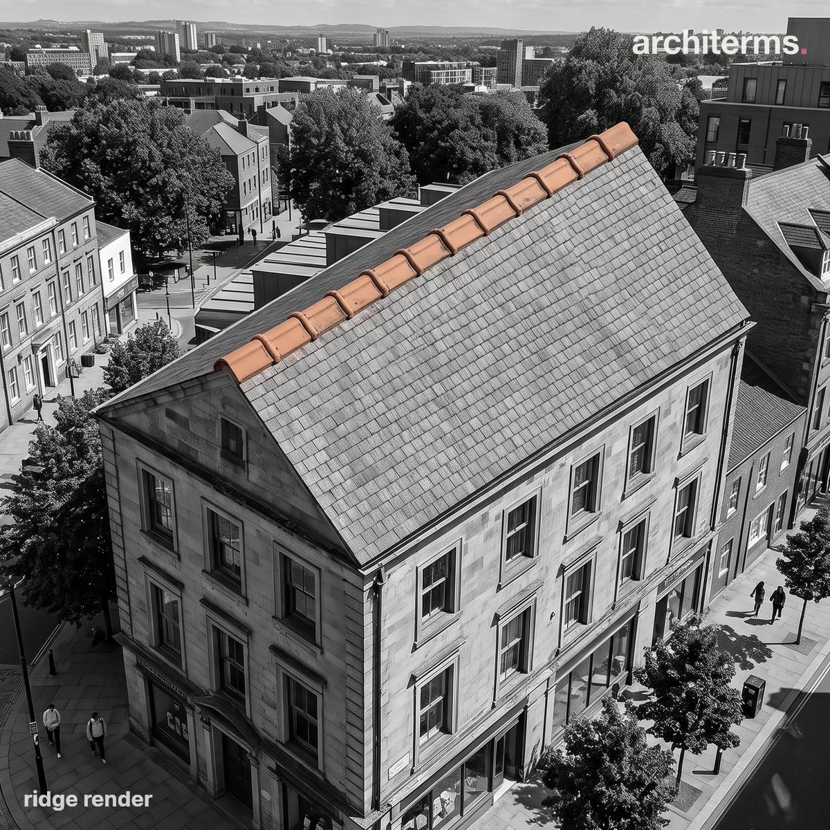 Photorealistic render of a pitched slate roof on a stone building, its ridge line capped by terracotta ridge tiles picked out in orange against the grey