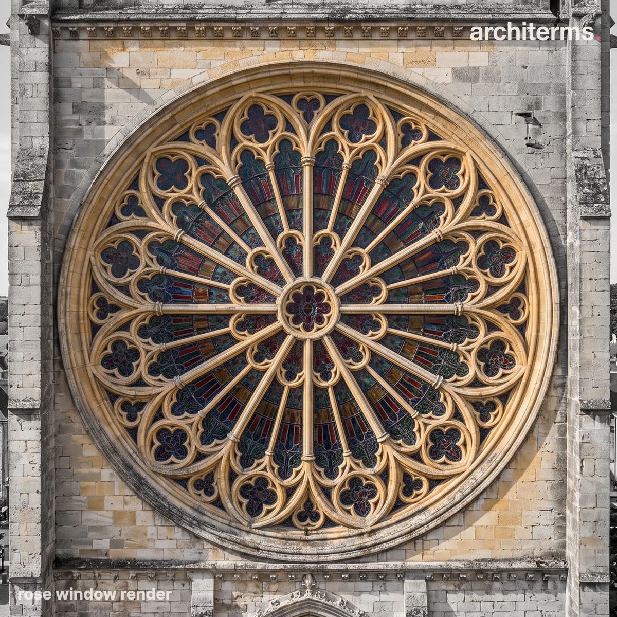 Photorealistic render of a large circular rose window set in a grey Gothic facade, its radiating stone tracery and stained glass glowing in warm colour
