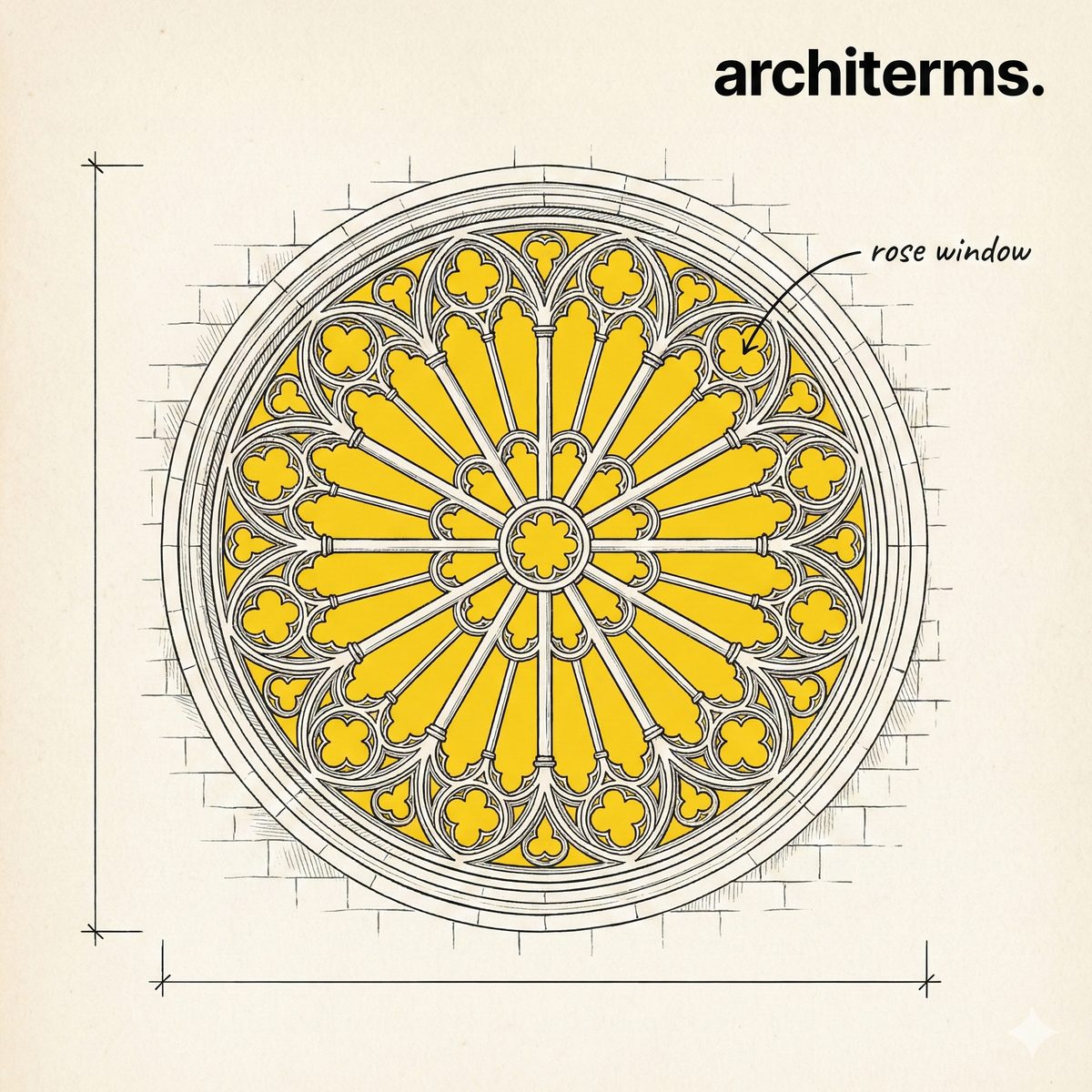 Rose window — a large circular Gothic window with radiating stone tracery and stained glass arranged in a petal-like pattern