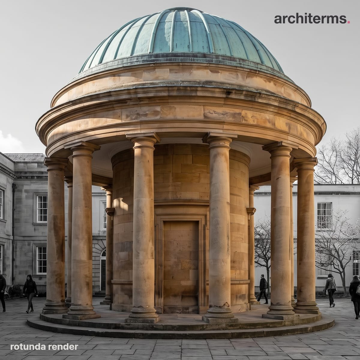 Rotunda: Photorealistic render of a circular domed rotunda in warm sandstone, its ring of columns and drum standing out against a grey courtyard and flanking buildings