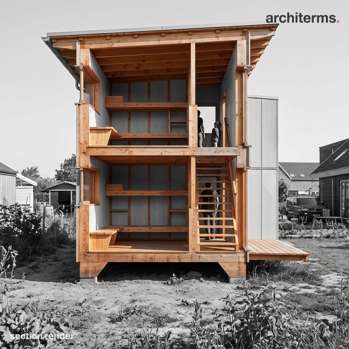 Section: Photorealistic render of a 3D section of timber house sliced open vertically, its warm wooden frame, floors and stairs exposed against a grey and monochrome surrounding