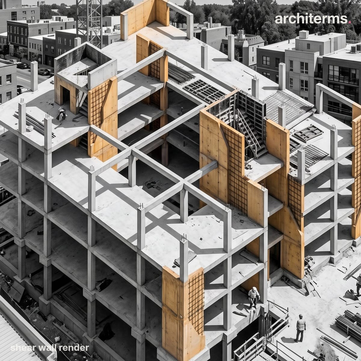 Photorealistic render of a shear wall concrete building under construction, its solid vertical shear walls shown in warm timber-formed panels among grey floor slabs and columns
