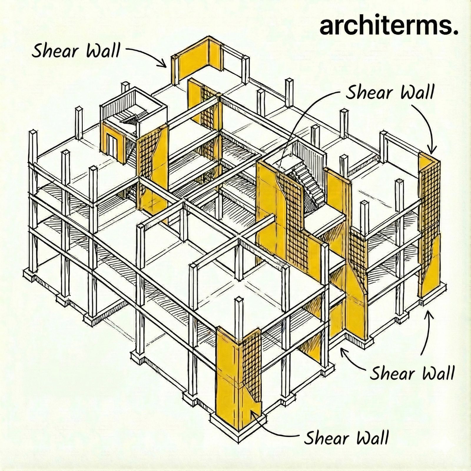 Shear wall — a stiff vertical wall that resists lateral wind and earthquake forces in a building