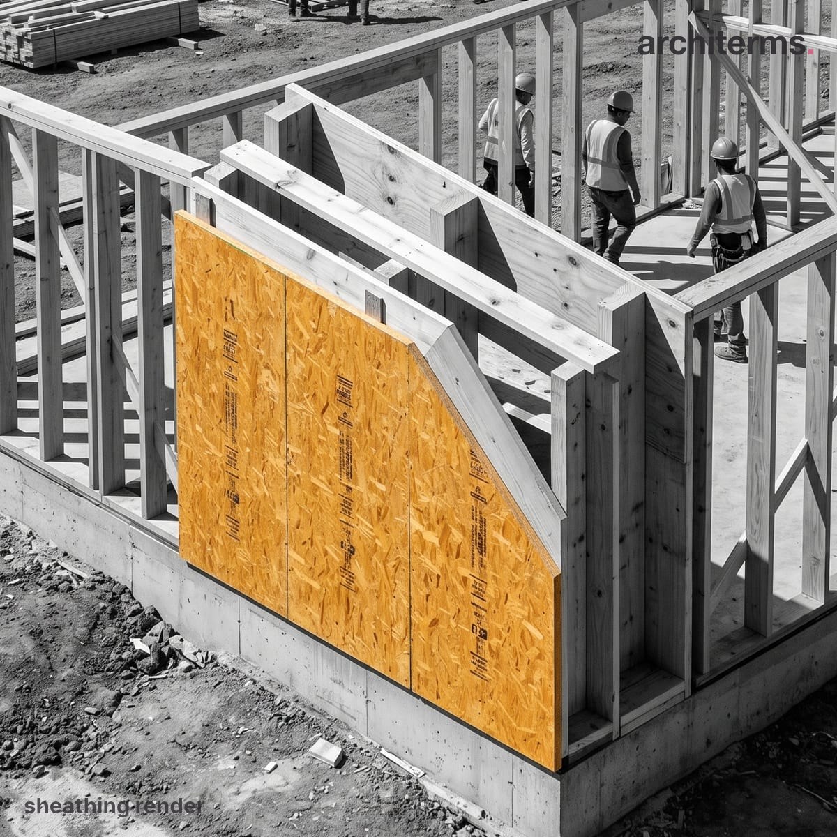 Sheathing: Photorealistic render of an oriented strand board panel fixed across the timber studs of a wall frame, standing out in orange against the grey framing and site