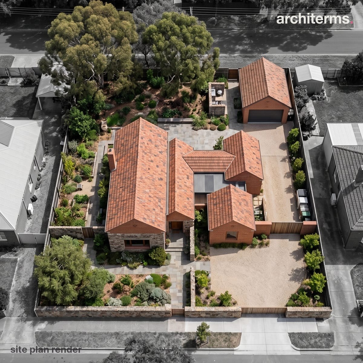 Photorealistic render of a property seen from directly above, its tile-roofed house, detached garage, gravel drive and garden picked out in colour within grey neighbouring lots