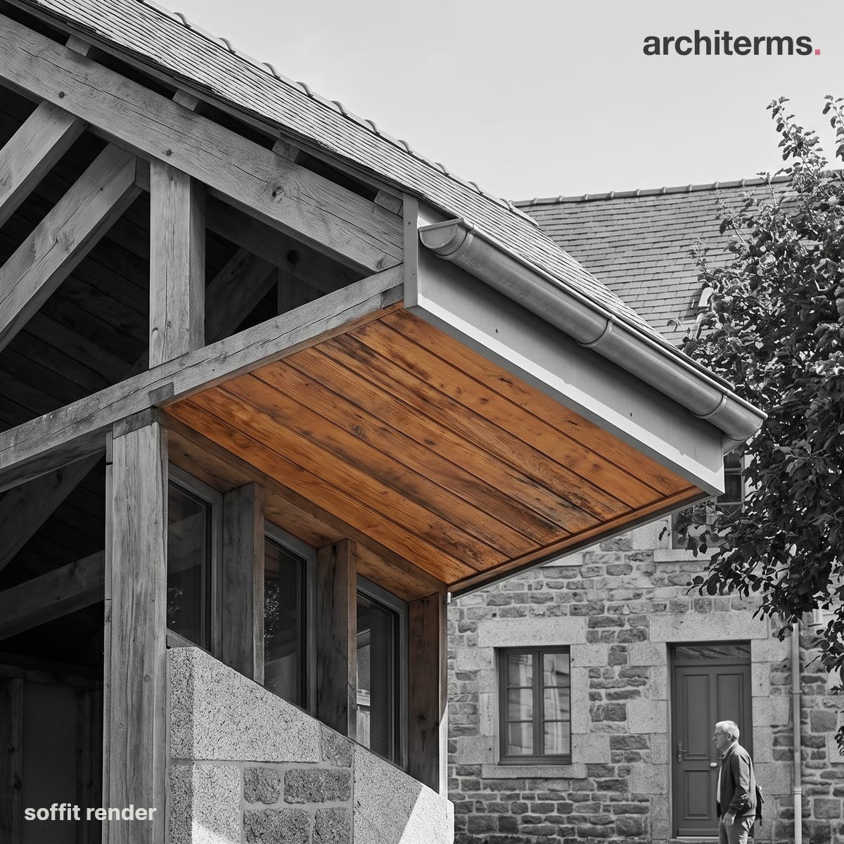 Photorealistic render of a roof eave from below, the varnished timber soffit boarding under the overhang picked out in warm colour against the grey fascia and stone wall