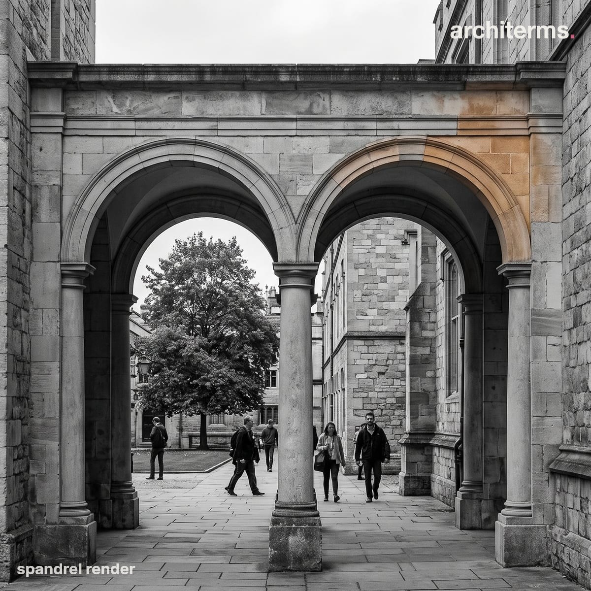 Photorealistic render of two stone arches carried on a column, the spandrel between the right arch and the cornice above it picked out in warm sandstone against grey masonry