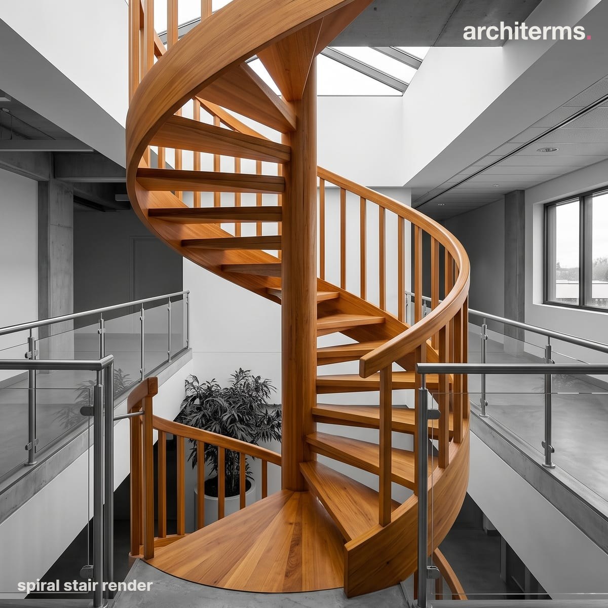 Photorealistic render of a warm timber spiral stair winding around a central post between floors, its wedge-shaped treads and curved handrail rising against a concrete interior