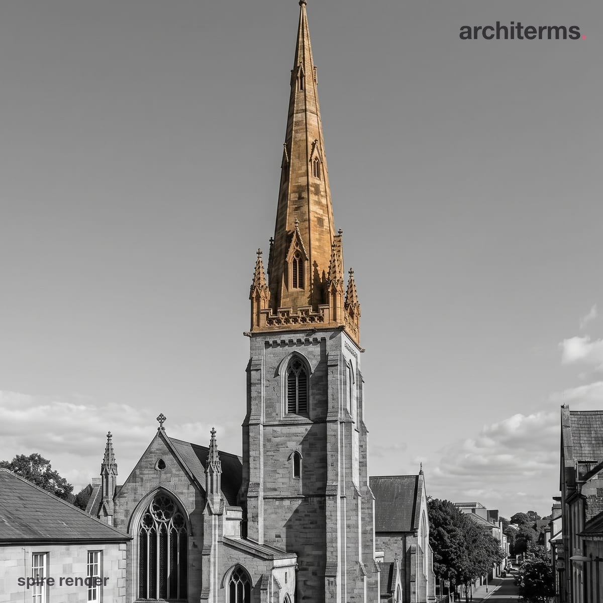 Photorealistic render of a tall, tapering church spire rising from a Gothic tower, its stonework glowing warm sandstone against a grey town and sky